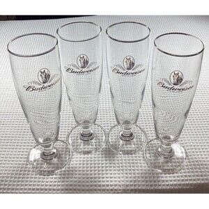 Vintage Budweiser Beer Pilsner Style Glasses - Gold Rimmed Set of 4 (12 oz)